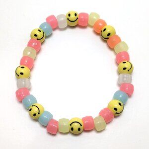 Handmade VTG 90s Pastel Smiley Face Beaded Bracelet Preppy Glow in the Dark